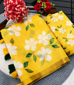 Yellow colour leaf digital printed linen cotton saree with jhalar