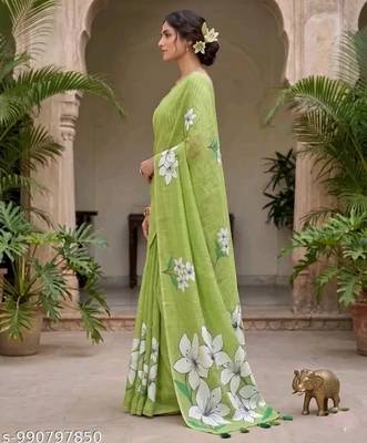 Green colour leaf digital printed linen cotton saree with jhalar 2