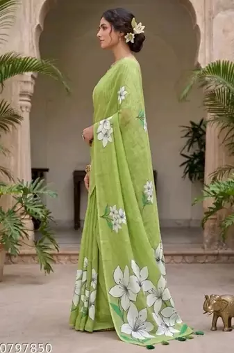 Green colour leaf digital printed linen cotton saree with jhalar