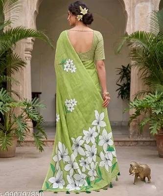 Green colour leaf digital printed linen cotton saree with jhalar 3