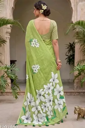 Green colour leaf digital printed linen cotton saree with jhalar
