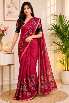Red colour leaf digital printed linen cotton saree 1