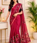 Red colour leaf digital printed linen cotton saree