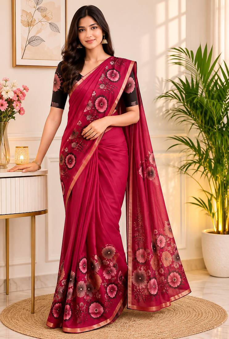 Red colour leaf digital printed linen cotton saree
