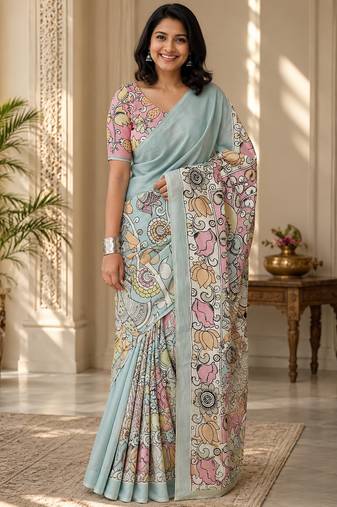 Multicolor leaf digital printed linen cotton saree