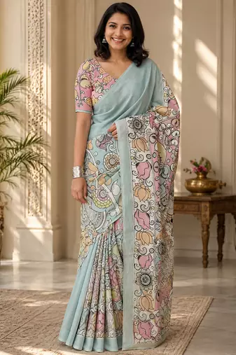 Multicolor leaf digital printed linen cotton saree