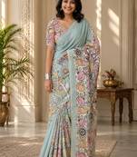 Multicolor leaf digital printed linen cotton saree