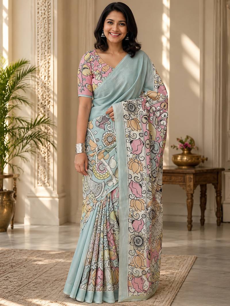 Multicolor leaf digital printed linen cotton saree