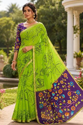 Green colour leaf digital printed linen cotton saree
