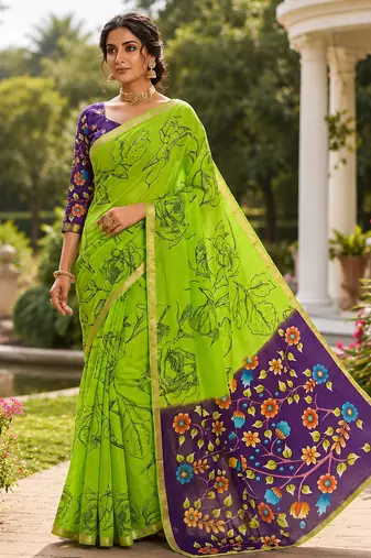 Green colour leaf digital printed linen cotton saree