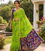 Green colour leaf digital printed linen cotton saree