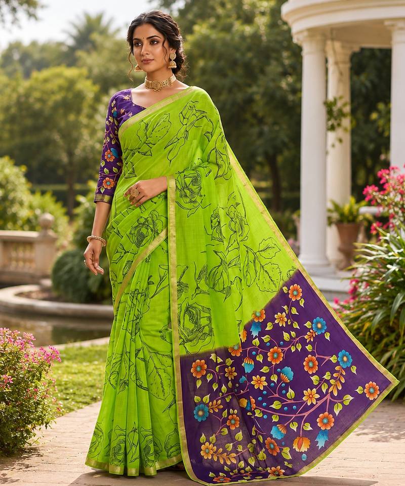 Green colour leaf digital printed linen cotton saree