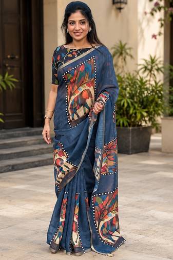 Grey colour leaf digital printed linen cotton saree