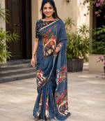 Grey colour leaf digital printed linen cotton saree