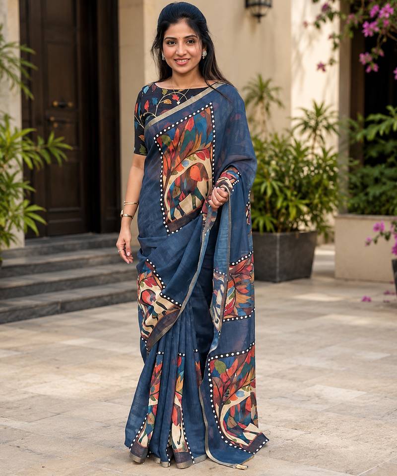 Grey colour leaf digital printed linen cotton saree