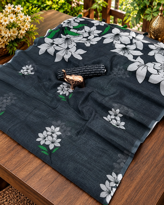 Black colour leaf digital printed linen cotton saree with jhalar 3