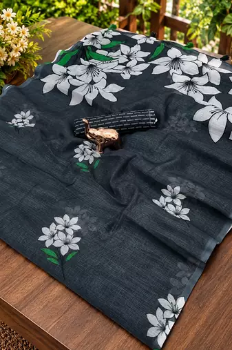 Black colour leaf digital printed linen cotton saree with jhalar