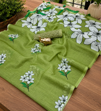 Green colour leaf digital printed linen cotton saree with jhalar 4