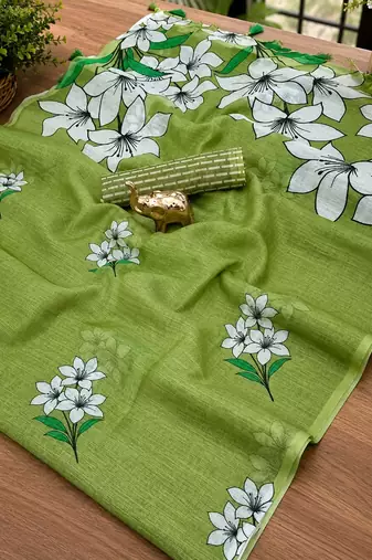 Green colour leaf digital printed linen cotton saree with jhalar