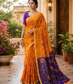 Orange colour leaf digital printed linen cotton saree
