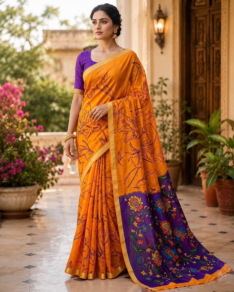 Orange colour leaf digital printed linen cotton saree
