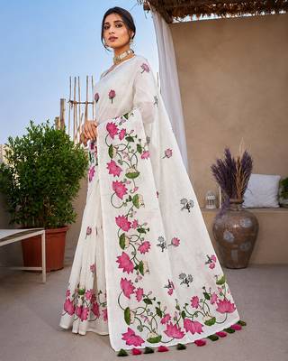 White colour leaf digital printed linen cotton saree with jhalar 4