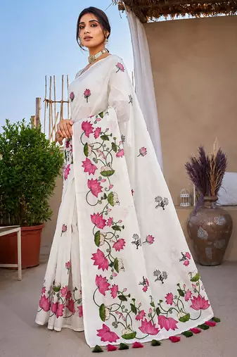 White colour leaf digital printed linen cotton saree with jhalar