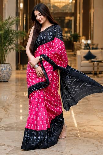 Red colour leaf digital printed linen cotton saree