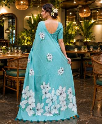 Sky blue colour leaf digital printed linen cotton saree with jhalar 2