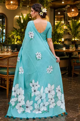 Sky blue colour leaf digital printed linen cotton saree with jhalar