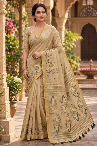 Chiku colour leaf digital printed linen cotton saree with jhalar