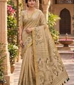Chiku colour leaf digital printed linen cotton saree with jhalar