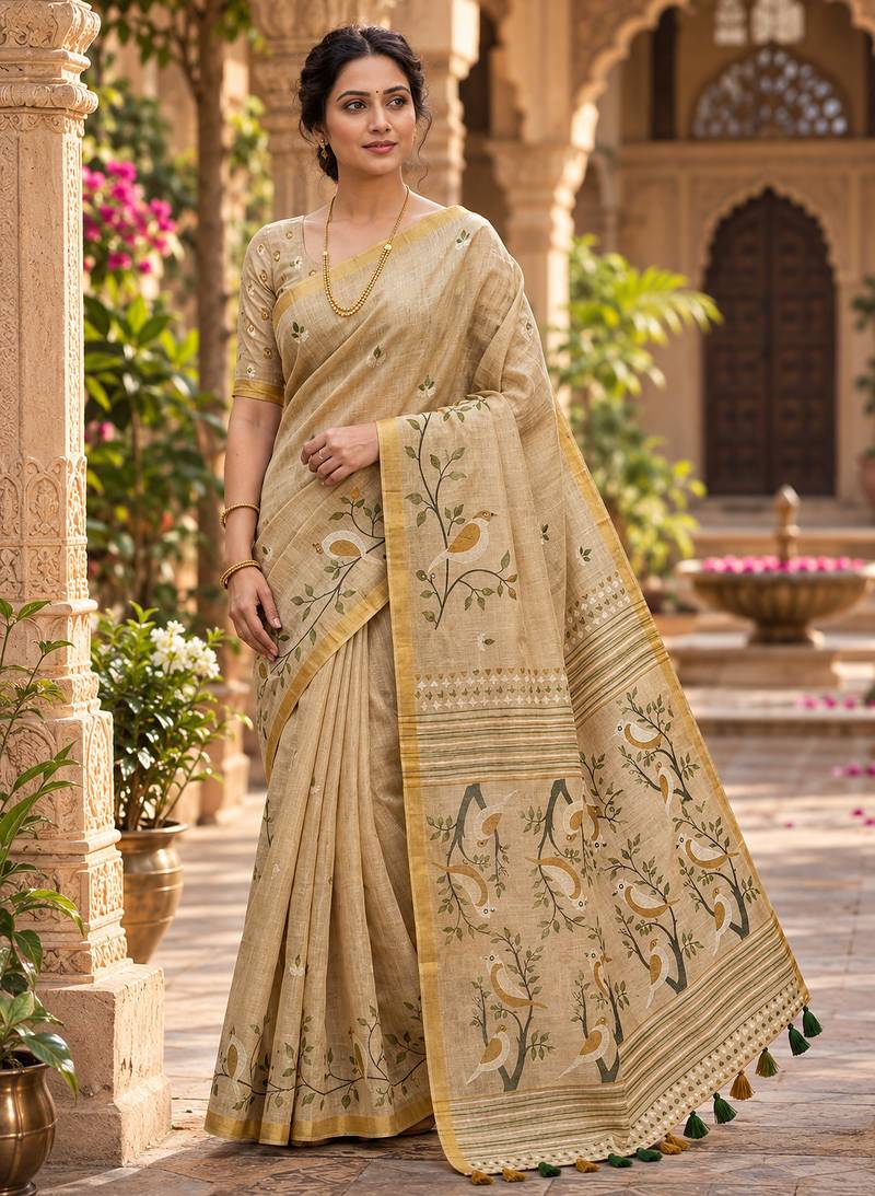 Chiku colour leaf digital printed linen cotton saree with jhalar