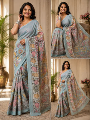 Multicolor leaf digital printed linen cotton saree 2