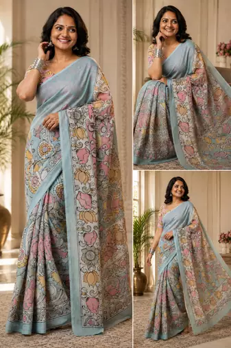 Multicolor leaf digital printed linen cotton saree
