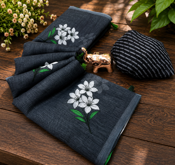 Black colour leaf digital printed linen cotton saree with jhalar 4