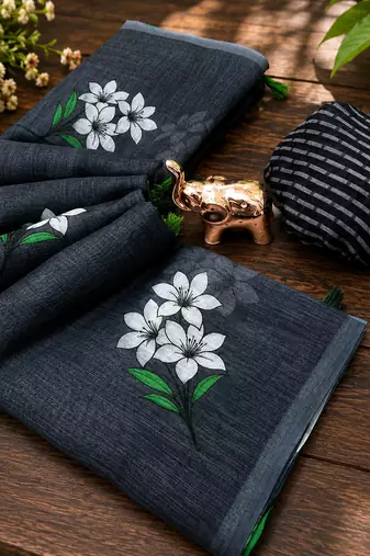 Black colour leaf digital printed linen cotton saree with jhalar