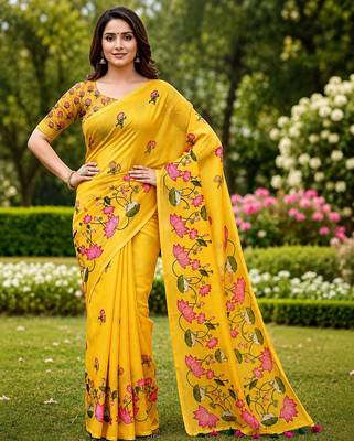 Yellow colour leaf digital printed linen cotton saree 2