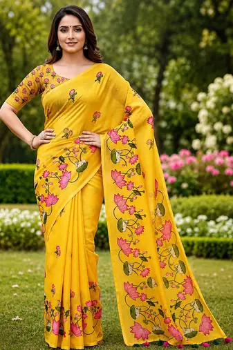 Yellow colour leaf digital printed linen cotton saree