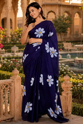 Purple colour leaf digital printed linen cotton saree  with jhalar