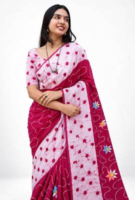 Pink colour leaf digital printed linen cotton saree 4