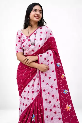 Pink colour leaf digital printed linen cotton saree