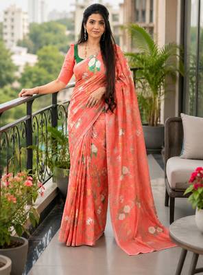 Red colour leaf digital printed linen cotton saree 1