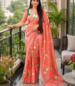 Red colour leaf digital printed linen cotton saree