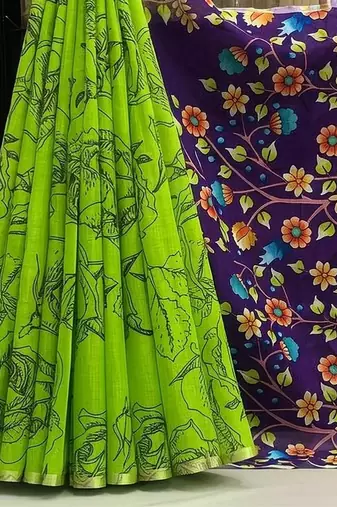 Green colour leaf digital printed linen cotton saree