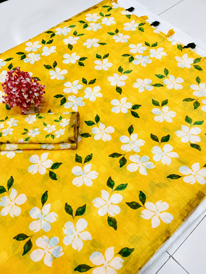 Yellow colour leaf digital printed linen cotton saree with jhalar 2