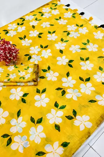Yellow colour leaf digital printed linen cotton saree with jhalar