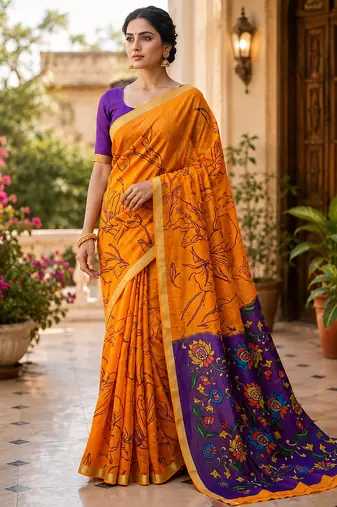 Orange colour leaf digital printed linen cotton saree