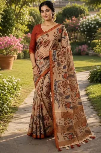 Chiku colour leaf digital printed linen cotton saree with jhalar