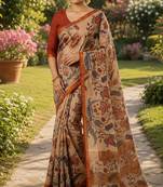 Chiku colour leaf digital printed linen cotton saree with jhalar